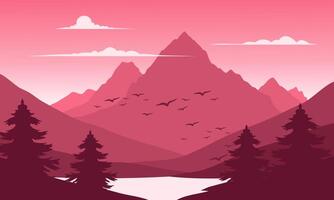 A pink mountain landscape with birds flying over it vector