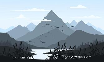 Mountain landscape with birds flying over the water vector