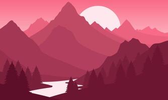 A pink background with mountains and trees vector