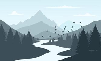 A mountain river with birds flying over it vector