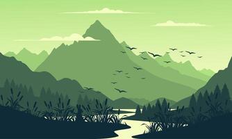 A green landscape with mountains and birds vector
