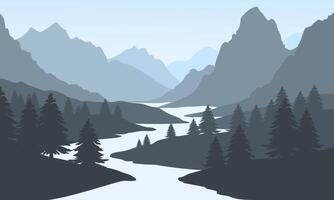 A river in the mountains with trees and mountains vector