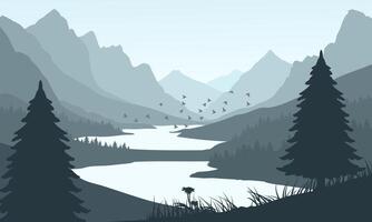 A mountain landscape with a river and trees vector