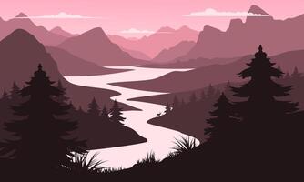 A river in the mountains with trees and mountains vector