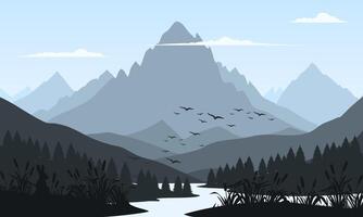 A mountain landscape with a river and birds vector