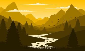 A mountain landscape with a river and trees vector