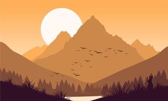 A silhouette of a mountain range with birds flying over it vector