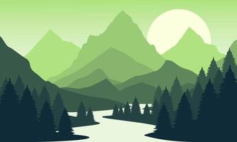 A green mountain landscape with trees and a river vector