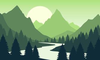 A green mountain landscape with a river and trees vector