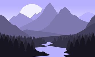 A river runs through a mountain range with trees and mountains in the background vector