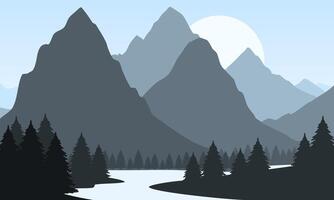A mountain landscape with trees and a river vector