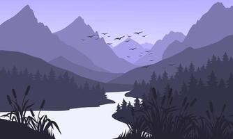 A river in the mountains with birds flying over it vector