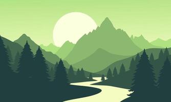 A green mountain landscape with a river and trees vector