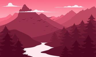 A pink background with mountains and trees vector