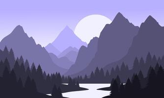 A mountain landscape with trees and a river vector