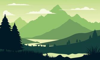 A green landscape with mountains and trees vector
