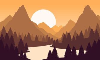 A mountain landscape with trees and a river vector