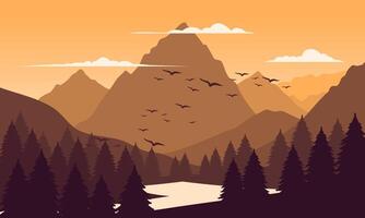 A mountain landscape with birds flying over it vector