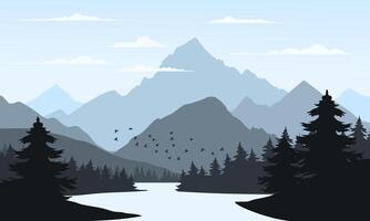 Mountain landscape with river and trees vector