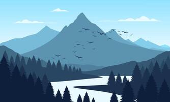 A mountain landscape with birds flying over it vector