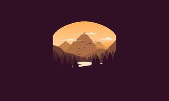 Landscape badge flat design illustration of mountains, calm river and silhouettes of pine trees, soft orange gradations layered vector