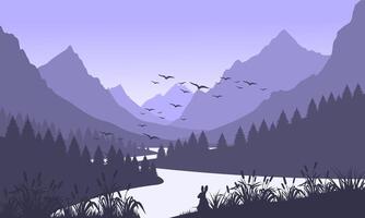 Silhouette of a mountain river with birds flying over it vector