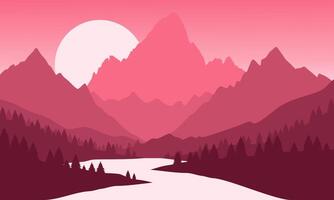 A pink background with mountains and trees vector