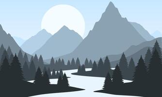 A mountain landscape with trees and a river vector