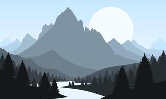 A mountain landscape with trees and a river vector