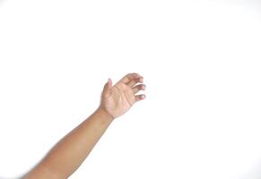 Hand holding an invisible object, isolated on white. Asian male hand in a gesture of giving or grabbing, perfect for concepts of interaction and communication. Close up view photo