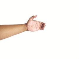 Hand holding an invisible object, isolated on white. Asian male hand in a gesture of giving or grabbing, perfect for concepts of interaction and communication. Close up view photo