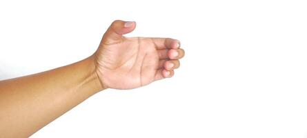 Hand holding an invisible object, isolated on white. Asian male hand in a gesture of giving or grabbing, perfect for concepts of interaction and communication. Close up view photo