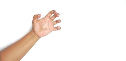 Hand holding an invisible object, isolated on white. Asian male hand in a gesture of giving or grabbing, perfect for concepts of interaction and communication. Close up view photo