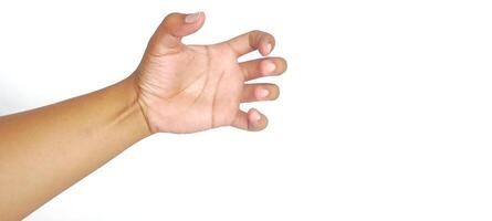 Hand holding an invisible object, isolated on white. Asian male hand in a gesture of giving or grabbing, perfect for concepts of interaction and communication. Close up view photo