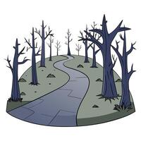 Creepy path surrounded by trees along a misty haunted forest vector