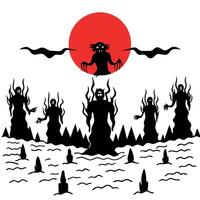 Dark ghostly souls all gathered in hell with red horizon floating silhouettes vector