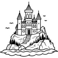 Dark and mysterious haunted castle on a rocky island on a misty night. Old fortress with glowing lights in windows. vector