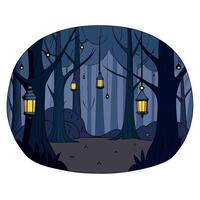 Dark and mysterious forest with twinkling fairy lights and hanging lanterns. creating an enchanting Halloween atmosphere vector