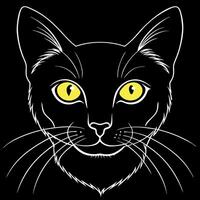 Closeup portrait black cat The face in front of eyes is yellow. Halloween black cat Black background vector