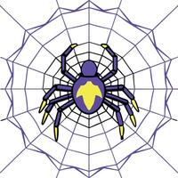 Cyberspider on digital glowing web background. Purple 3d techno insect with yellow force field creates glowing network to protect and hack system vector