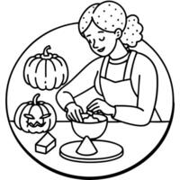 Close-up of a woman hands making pumpkin cookies and decorating them with icing. perfect for fall baking inspiration. Cozy home. Making cookies for Halloween. vector