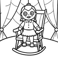 Creepy doll sitting on a rocking chair in a dimly lit room with cobwebs hanging from the ceiling vector