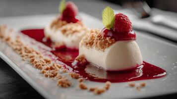 A dessert on a white plate with a raspberry on top photo