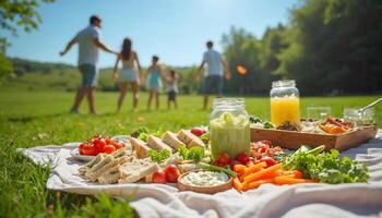 un picnic untado con varios sano comidas incluso sándwiches, verduras, frutas, y bebidas en un cobija en un herboso campo con un familia en el antecedentes foto