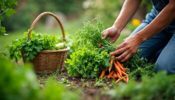 A person's hands harvesting fresh carrots and leafy greens from a garden photo