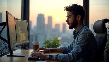 A young Caucasian man with short dark hair and a beard, wearing a denim shirt, working on a laptop computer in front of a window with a cityscape view in the background photo