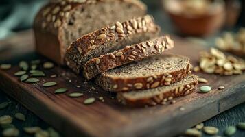 Sliced bread with seeds and nuts on a cutting board photo