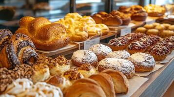 A bakery display with many different types of pastries photo