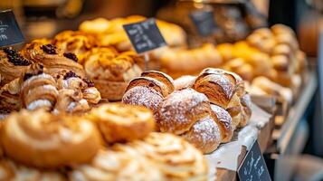 Many different types of pastries are on display photo