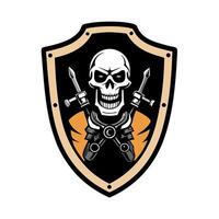 Skull with crossed swords and axes in shield vector